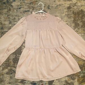JODIFL Blush Pink/champagne color Ruffled smocked Yoke Long Flowy Sleeve Blouse